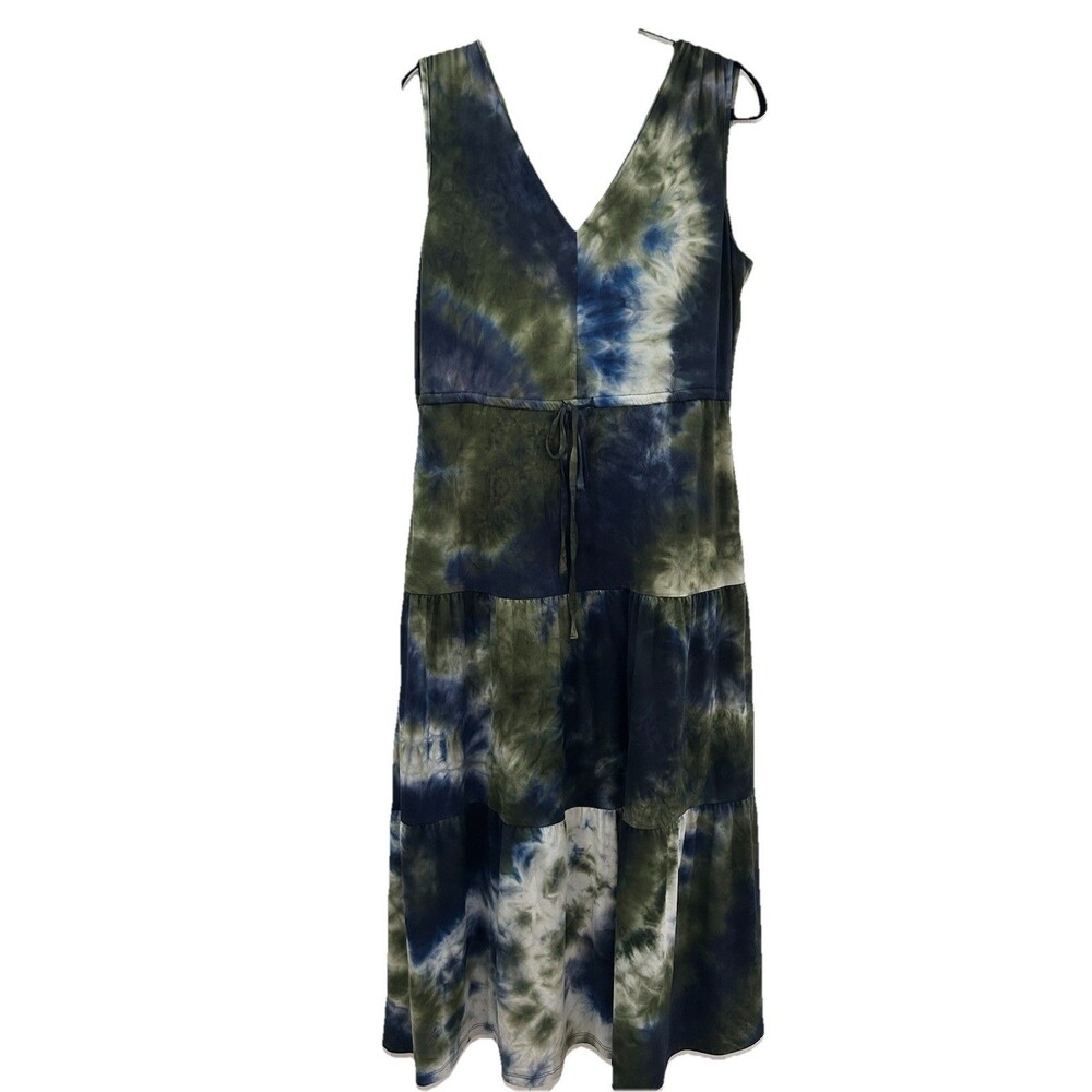 Nina Leonard Womens Sz PL Dress Sleeveless Tiered Tie Dye Maxi Sage/Navy